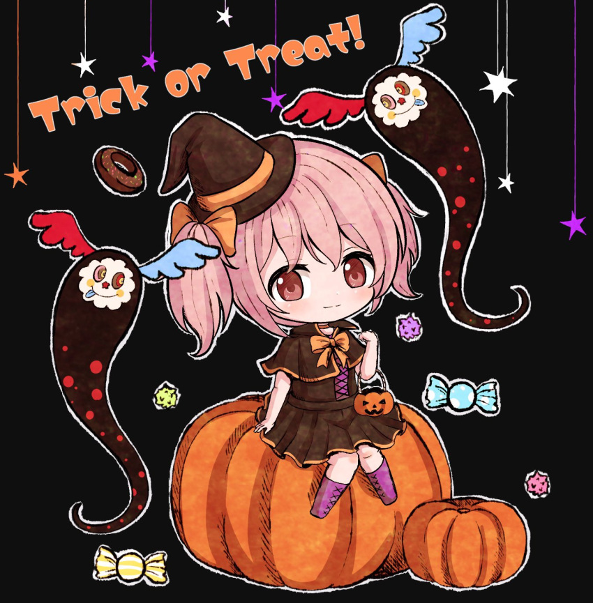 1girl alternate_costume bag black_background blush candy chibi costume doughnut dress english_text eyebrows_visible_through_hair eyes_visible_through_hair food hair_ribbon halloween halloween_costume hat highres kaname_madoka looking_at_viewer mahou_shoujo_madoka_magica pumpkin pumpkin_hat ribbon sitting solo star_(symbol) sweets trick_or_treat twintails ukiukikiwi2525 wings witch_hat yellow_neckwear