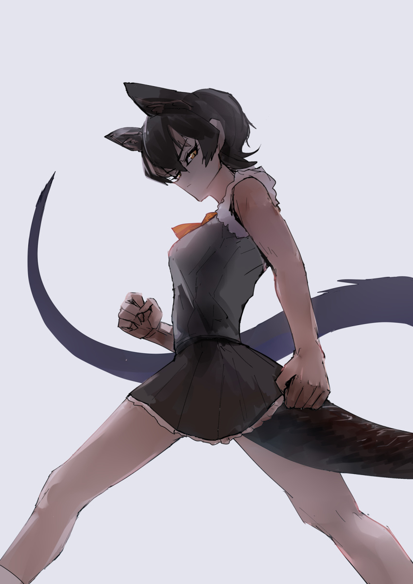 1girl animal_ears bare_arms bare_legs bare_shoulders black_hair clenched_hands closed_mouth extra_ears feet_out_of_frame fingernails fossa_(kemono_friends) from_side highres kemono_friends long_tail looking_at_viewer miniskirt multicolored multicolored_eyes red_eyes serious shirt short_hair simple_background skirt sleeveless sleeveless_shirt slit_pupils solo tail tan walking yappa_muri yellow_eyes