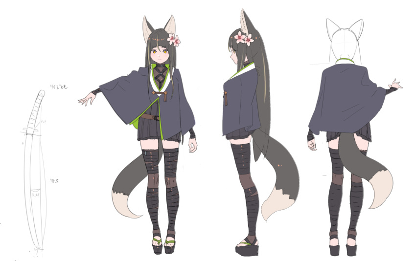 1girl animal_ears arm_at_side bangs belt black_legwear black_skirt blunt_bangs brown_belt capelet closed_mouth enkyo_yuuichirou flower fox_ears fox_tail grey_capelet hair_between_eyes hair_flower hair_ornament high-waist_skirt katana kitsunegasaki_tametsugu_(tenka_hyakken) long_hair looking_at_viewer miniskirt multiple_views official_art orange_eyes pink_flower platform sandals skirt stirrup_legwear sword tail tenka_hyakken thigh-highs toeless_legwear weapon zettai_ryouiki