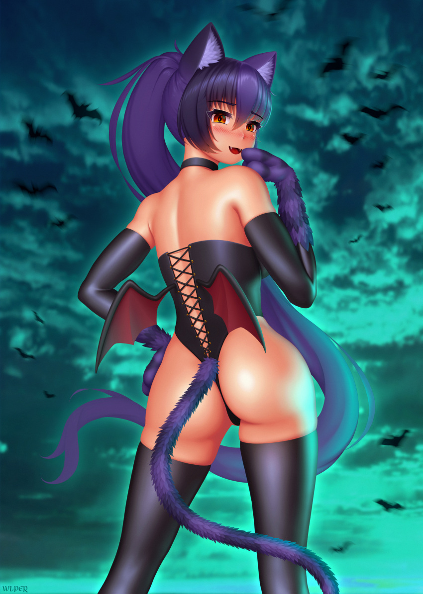 1girl :d absurdres animal_ear_fluff animal_ears animal_hands ass bangs barefoot bat bat_costume bat_wings black_choker black_gloves black_hair black_legwear blush cat_ears cat_girl cat_tail cheshire_cat_(monster_girl_encyclopedia) choker commentary elbow_gloves english_commentary eyebrows_visible_through_hair fake_wings fangs from_behind gloves hair_between_eyes halloween_costume hand_to_own_mouth highres legs_apart long_hair looking_at_viewer looking_back monster_girl_encyclopedia multicolored_hair open_mouth orange_eyes ponytail purple_hair smile solo tail thigh-highs very_long_hair wings wlper