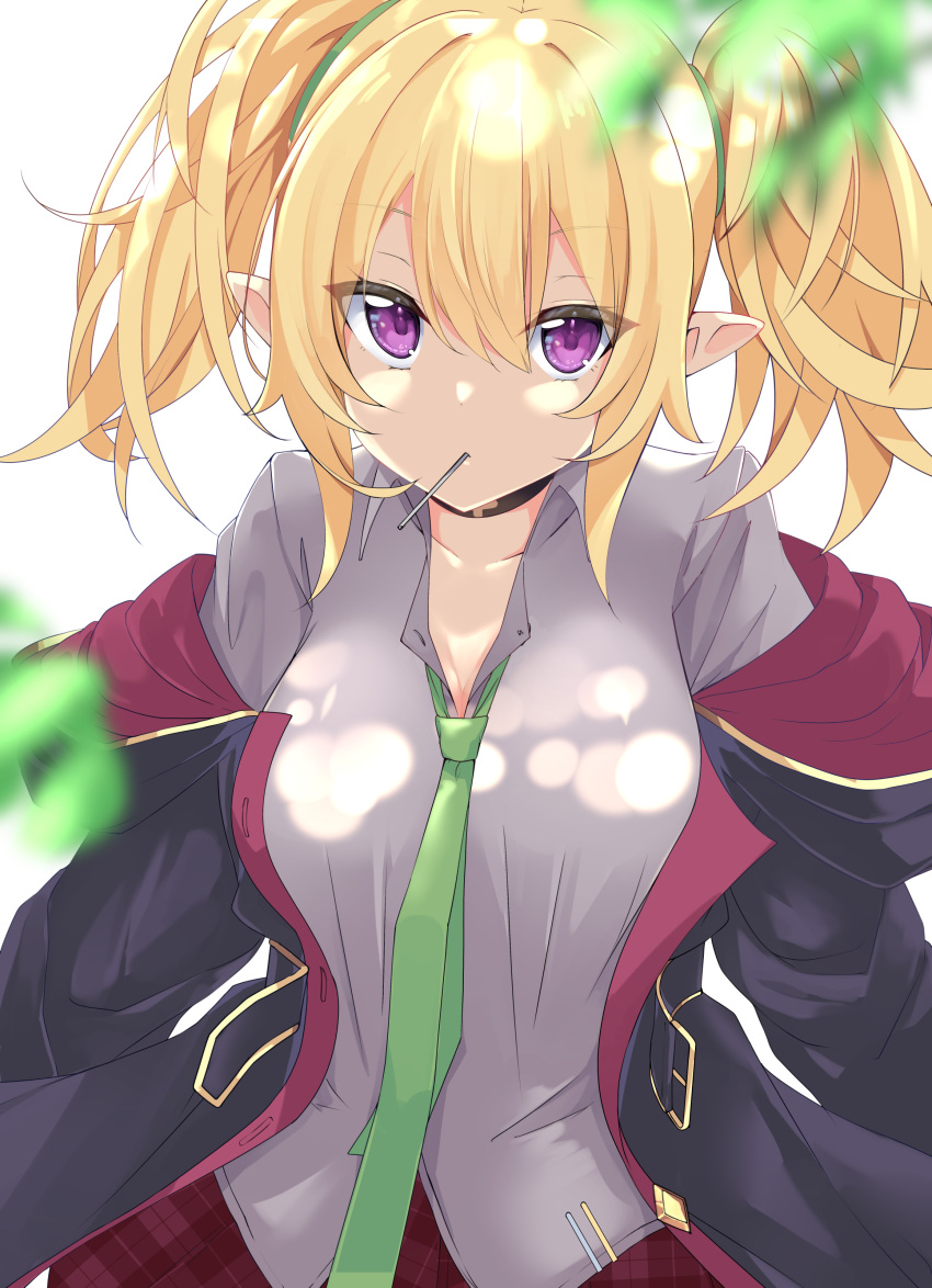 1girl absurdres bangs black_choker blonde_hair blurry blurry_foreground breasts candy chloe_(princess_connect!) choker collared_shirt dappled_sunlight elf eyebrows_visible_through_hair food green_neckwear grey_shirt highres hooded_coat kamiya_mitobe leaf lollipop looking_at_viewer loose_necktie medium_breasts necktie pleated_skirt pointy_ears princess_connect! shirt simple_background skirt solo sunlight twintails violet_eyes white_background