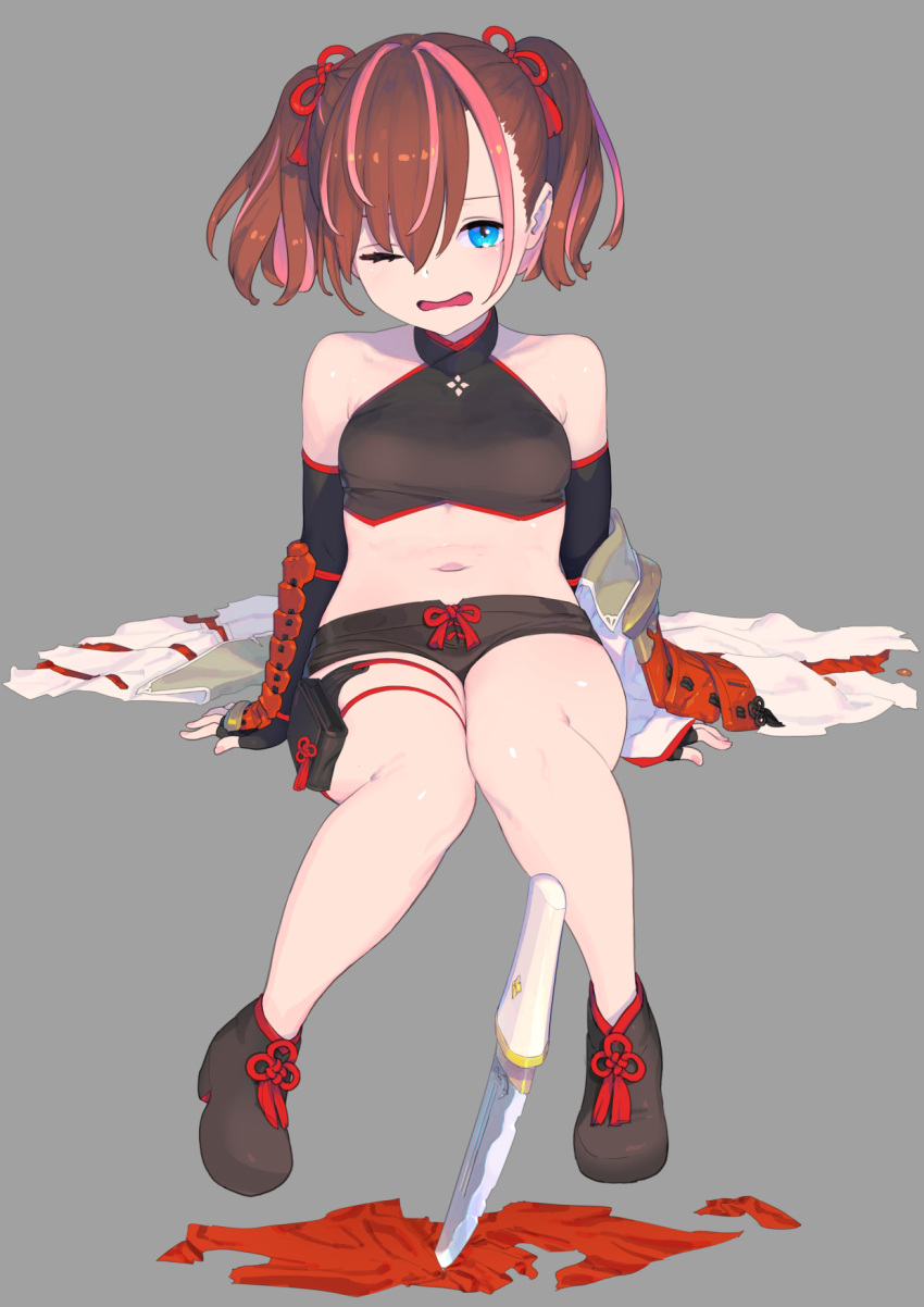 ankle_boots armor black_bra black_footwear black_shorts blue_eyes boots bra brown_hair detached_sleeves enkyo_yuuichirou fingernails flower_knot full_body grey_background hair_between_eyes hair_ribbon highres japanese_armor knees_together_feet_apart knife looking_at_viewer medium_hair micro_shorts midriff multicolored_hair nail_polish navel official_art one_eye_closed open_mouth pink_hair pink_nails planted planted_knife red_ribbon ribbon short_shorts short_sword shorts shoulder_armor simple_background sitting sode streaked_hair sword tantou tenka_hyakken torn_clothes toushi_masamune twintails underwear weapon