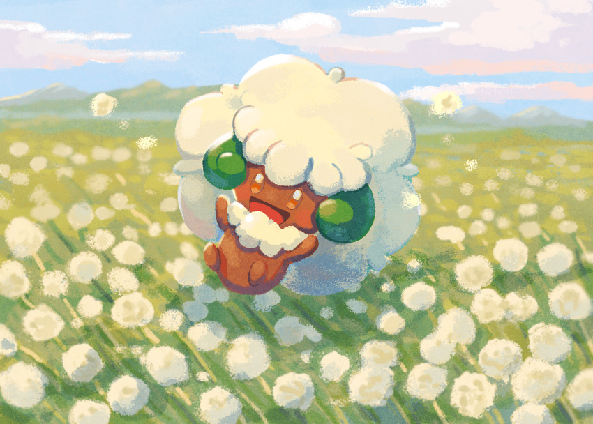 :d brown_eyes clouds day full_body happy highres looking_at_viewer mo~zu no_humans open_mouth outdoors pokemon pokemon_(creature) sky smile solo symbol-only_commentary tongue whimsicott