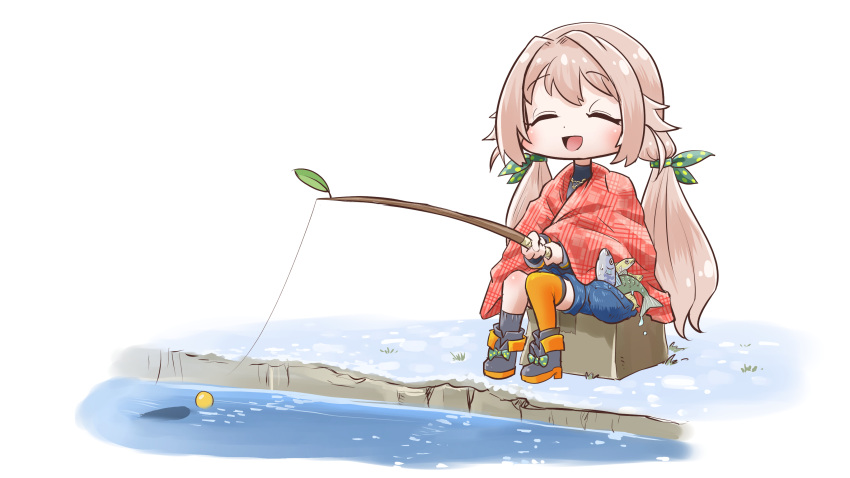 .live 1girl absurdres asymmetrical_legwear blanket boots chamaji closed_eyes fish fishing fishing_rod full_body highres light_brown_hair low_twintails nanahoshi_milily open_mouth single_thighhigh sitting smile solo thigh-highs twintails