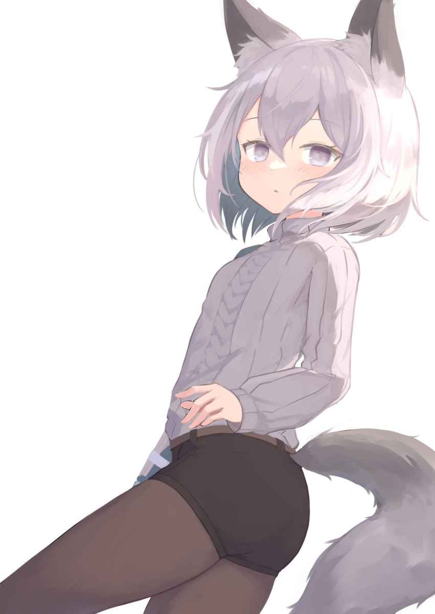 1girl absurdres animal_ears aran_sweater ass black_shorts blush brown_legwear commentary commission cowboy_shot english_commentary fox_ears fox_tail from_behind grey_eyes grey_hair grey_sweater hair_between_eyes highres klaius long_sleeves looking_at_viewer looking_back medium_hair original pantyhose short_shorts shorts simple_background solo standing sweater tail white_background