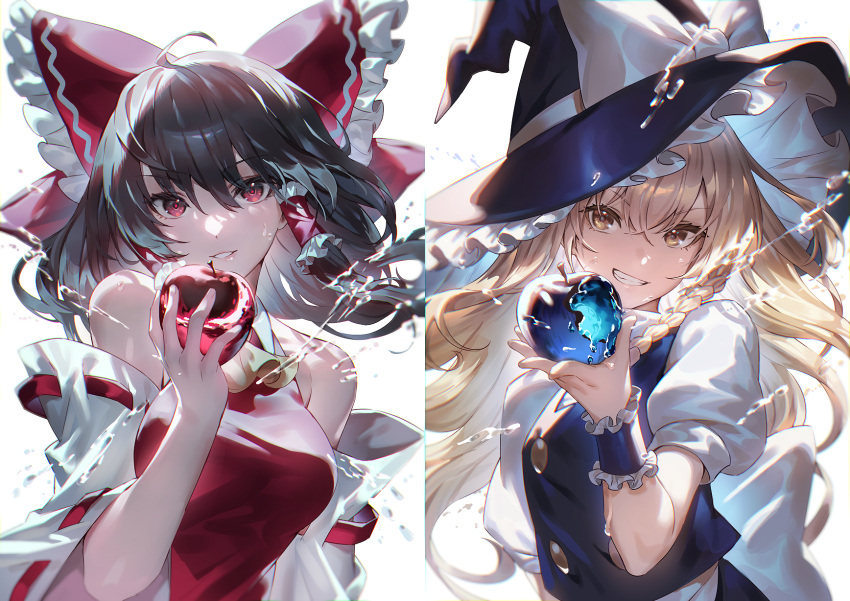 2girls ahoge apple ascot bangs bare_shoulders bitten_apple black_hair blonde_hair blue_apple bow braid clenched_teeth crossed_bangs eyebrows_visible_through_hair food food_bite frilled_bow frilled_cuffs frilled_hat frills fruit hair_between_eyes hakurei_reimu hat highres holding holding_food holding_fruit japanese_clothes kirisame_marisa large_hat long_hair looking_at_viewer miko multiple_girls off_shoulder open_mouth puffy_sleeves red_bow red_eyes red_skirt short_sleeves simple_background skirt teeth touhou u_u_zan upper_body watercraft white_background white_bow wide_sleeves witch_hat