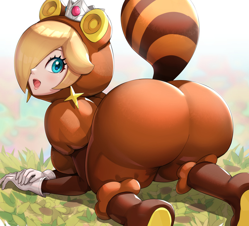 1girl :d all_fours animal_ears ass blonde_hair blue_eyes boots breasts brown_footwear crown earrings feet_out_of_frame from_behind gloves gonzarez hair_over_one_eye highres jewelry lips open_mouth outdoors plant raccoon_ears raccoon_tail rosalina smile solo star_(symbol) star_earrings super_mario_3d_world super_mario_bros. tail white_gloves