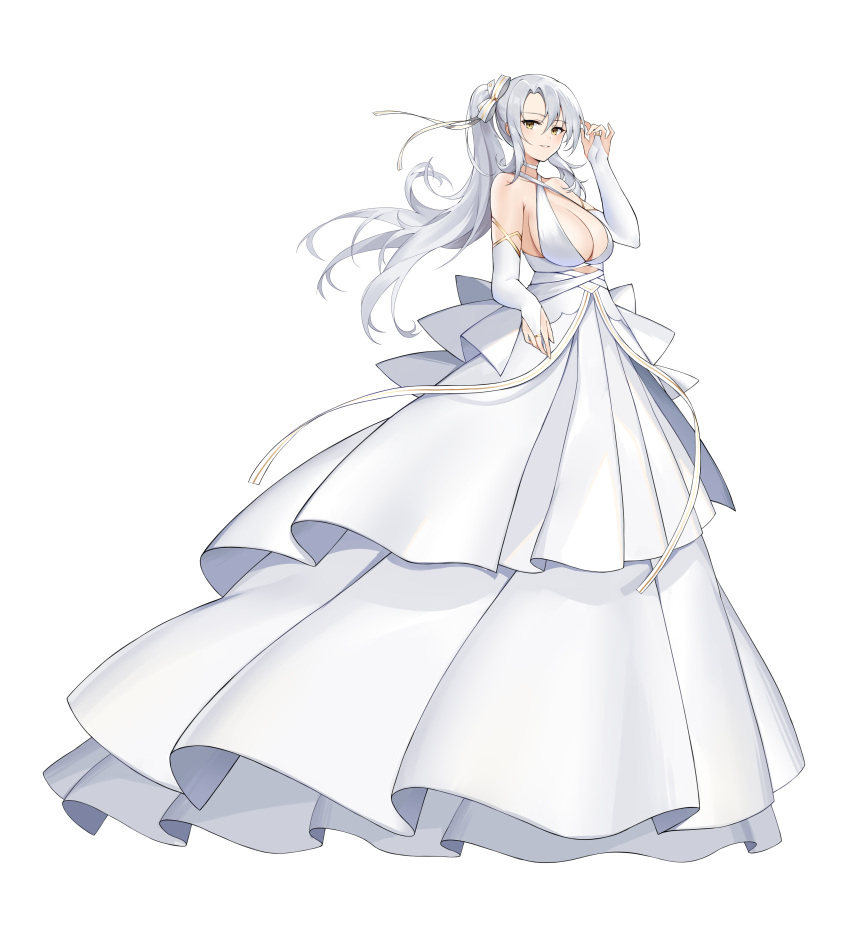 1girl absurdres alternate_costume azur_lane bare_shoulders breasts bridal_gauntlets center_opening criss-cross_halter drake_(azur_lane) dress full_body halterneck highres large_breasts layered_dress long_dress long_hair looking_at_viewer ponytail shidiancijianongpao simple_background sleeveless sleeveless_dress solo wedding_dress white_background white_hair yellow_eyes