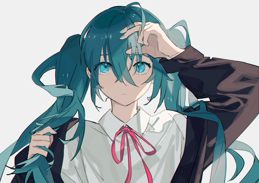 1girl absurdres ahoge aqua- aqua_hair arm_up bangs black_jacket blue_eyes blue_nails closed_mouth collared_shirt commentary grey_background hair_between_eyes hand_up hatsune_miku highres holding holding_hair jacket long_hair long_sleeves looking_away looking_up neck_ribbon portrait red_neckwear red_ribbon ribbon shirt simple_background solo vocaloid white_shirt