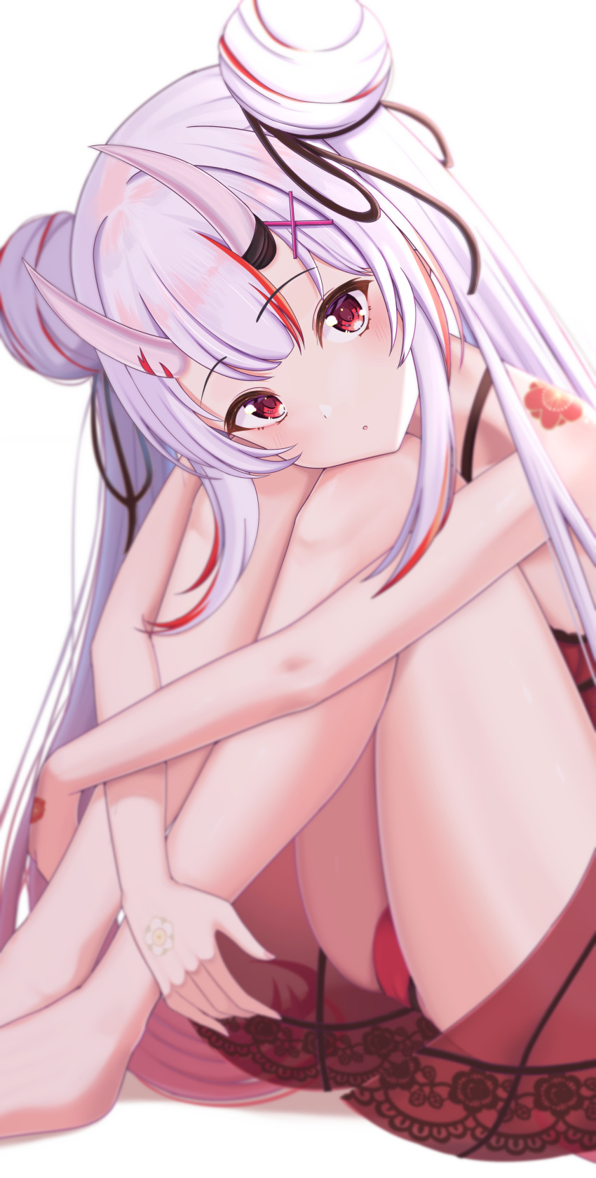 1girl :o absurdres bangs bare_arms bare_legs barefoot collarbone double_bun floral_print hair_between_eyes hair_ornament head_rest highres hololive horns hugging_own_legs inaka_44 knees_up light_blush lingerie looking_at_viewer multicolored_hair nakiri_ayame negligee open_mouth panties red_eyes red_panties see-through simple_background sitting solo streaked_hair tattoo underwear virtual_youtuber white_background white_hair x_hair_ornament
