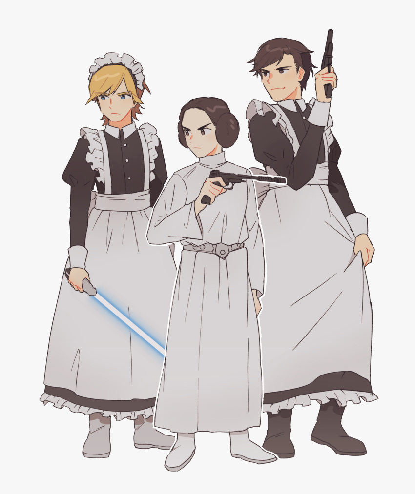 1girl 2boys alternate_costume apron bangs black_dress black_footwear blonde_hair boots brown_hair closed_mouth crossdressing double_bun dress energy_sword enmaided full_body grey_background gun han_solo highres holding holding_gun holding_weapon lightsaber long_sleeves luke_skywalker maid maid_headdress multiple_boys n3ss_0 princess_leia_organa_solo simple_background standing star_wars sword weapon white_apron white_dress white_footwear