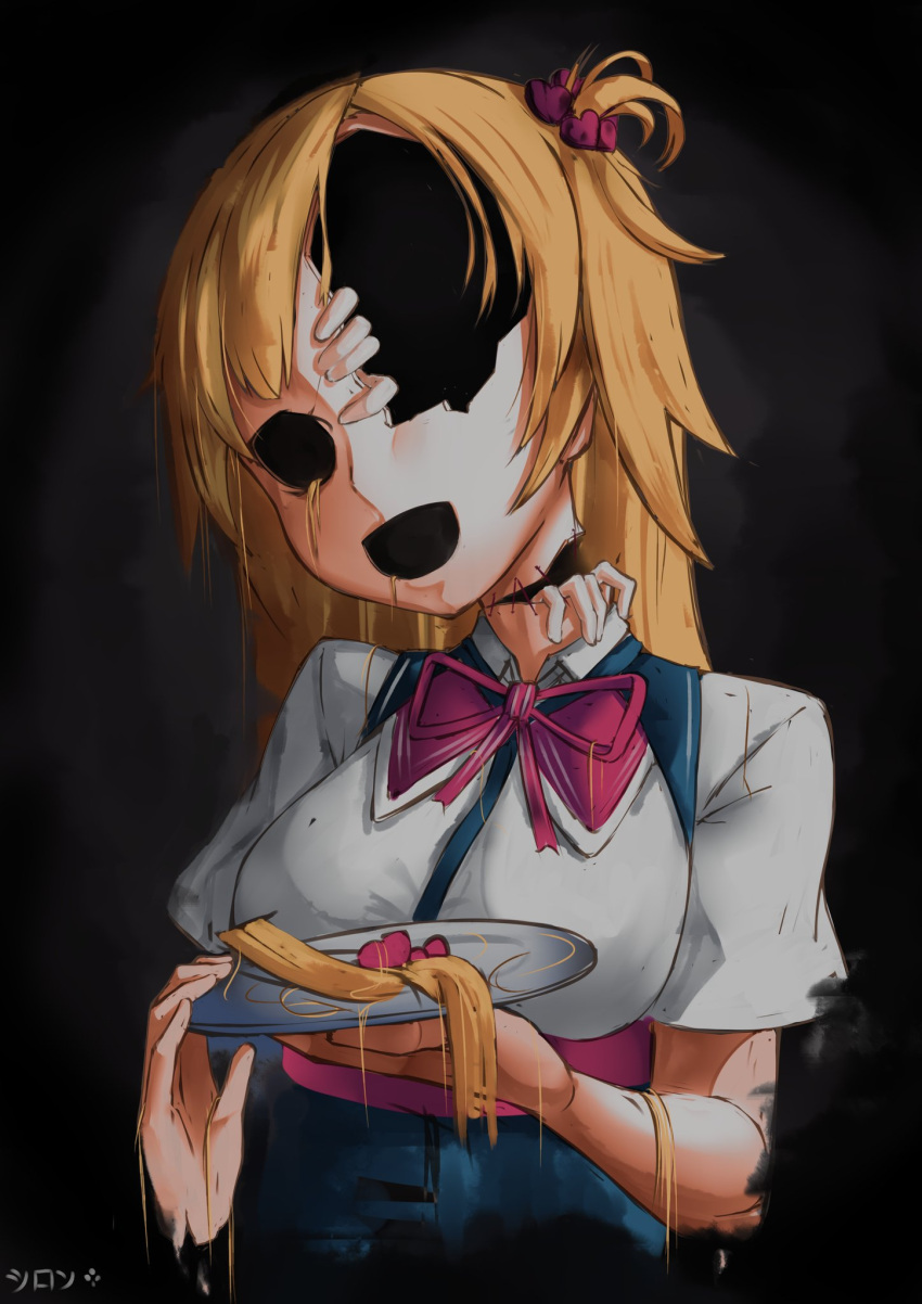 1girl akai_haato artist_name bangs black_background blonde_hair cloverse6 commentary hair_ornament hands heart heart_hair_ornament highres holding holding_plate hololive horror_(theme) no_eyes open_mouth plate ribbon severed_hair severed_hand simple_background solo stitched_neck upper_body virtual_youtuber
