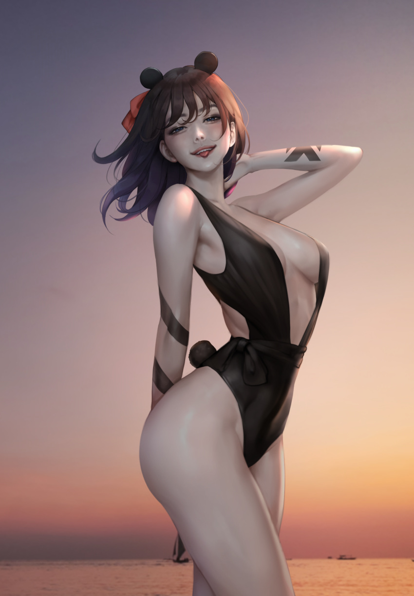 1girl animal_ears arm_behind_back arm_tattoo arm_up bangs black_hair black_swimsuit blue_eyes breasts commentary english_commentary hair_ribbon highres kangagi97 lips medium_breasts medium_hair ocean original outdoors plunging_neckline red_ribbon ribbon solo standing sunset swimsuit tail tattoo teeth tongue tongue_out water wind