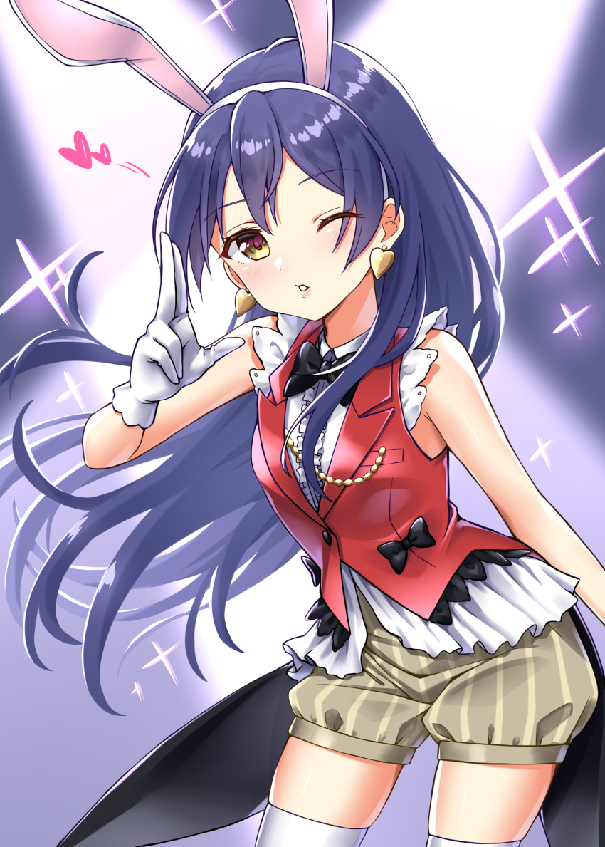 1girl absurdres animal_ears bangs blue_hair blush commentary_request cowboy_shot earrings gloves heart highres jewelry korekara_no_someday long_hair looking_at_viewer love_live! love_live!_school_idol_project one_eye_closed puffy_shorts rabbit_ears shorts smile solo sonoda_umi swept_bangs takochan77 thigh-highs white_legwear yellow_eyes