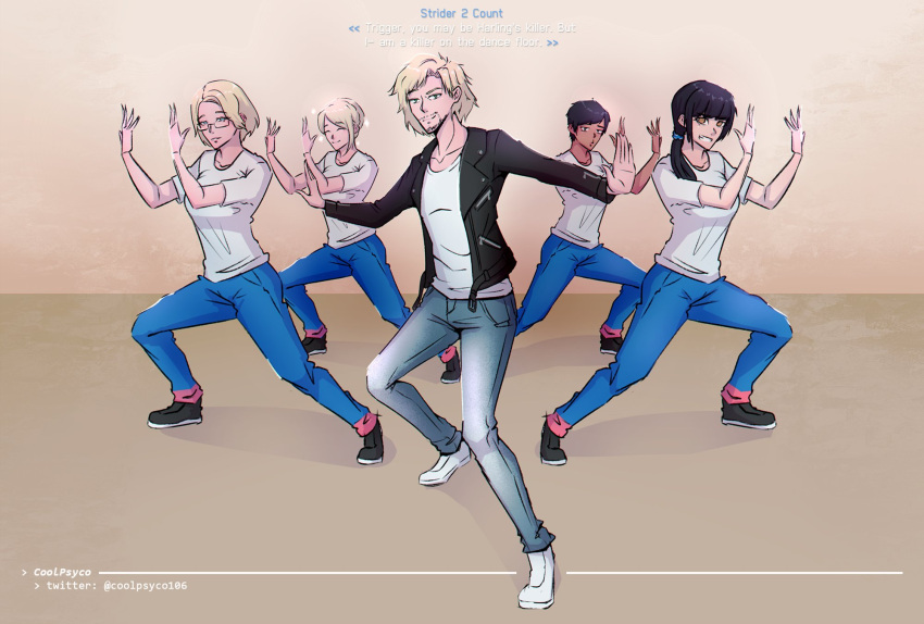 1boy 4girls ace_combat ace_combat_7 avril_mead beard black_hair black_jacket blonde_hair blue_eyes brown_eyes commentary coolpsyco cosplay count_(ace_combat_7) dancing dark-skinned_female dark_skin deanna_mconie denim english_commentary english_text facial_hair greg_chun highres huxian jacket jeans judge_eyes lost_judgment multiple_girls pants parody rosa_cossette_d'elise shirt short_sleeves voice_actor_connection white_shirt yagami_takayuki yagami_takayuki_(cosplay)