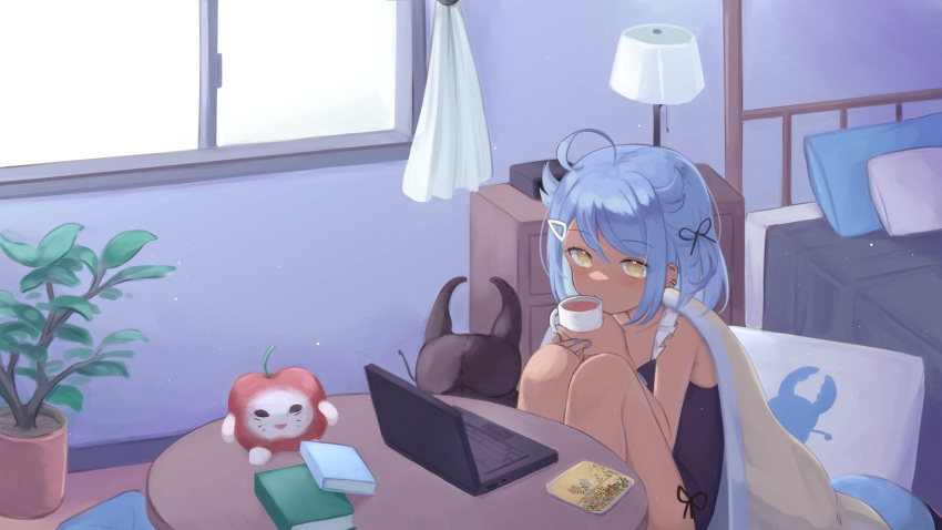 1girl absurdres ahoge bed black_leotard black_ribbon blanket blue_hair blue_nails book commentary computer cup dark-skinned_female dark_skin desk drinking english_commentary fingernails hair_ornament hair_ribbon hairclip highres holding holding_cup indie_virtual_youtuber indoors klaius lamp laptop leotard looking_at_viewer medium_hair munibug nail_polish own_hands_together plant potted_plant ribbon sitting solo stag_beetle window