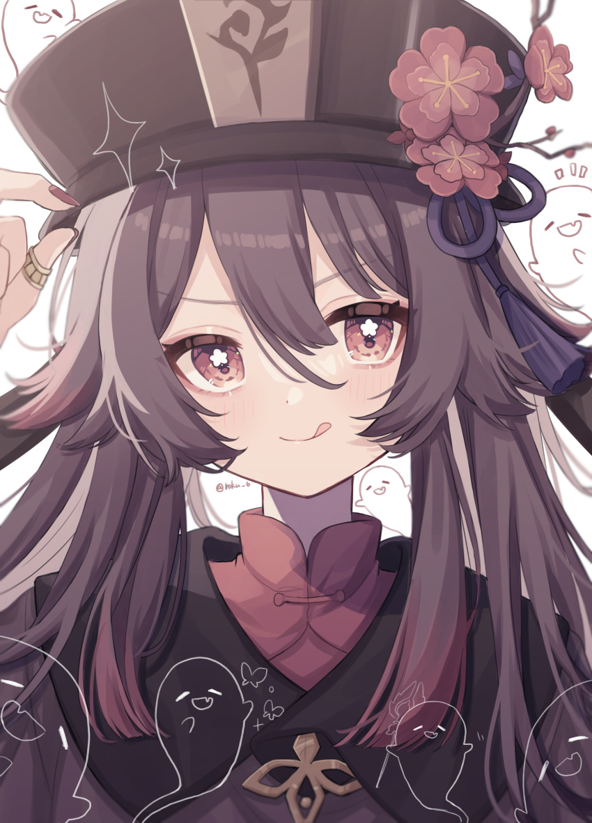 1girl :d :q absurdres bangs brown_hair brown_headwear brown_jacket closed_mouth fang flower-shaped_pupils genshin_impact ghost hair_flaps hat highres hu_tao_(genshin_impact) jacket long_hair notice_lines open_mouth porkpie_hat red_eyes red_nails red_shirt roku_(xnb7895) shirt sidelocks smile solo sparkle tassel thumb_ring tongue tongue_out upper_body very_long_hair
