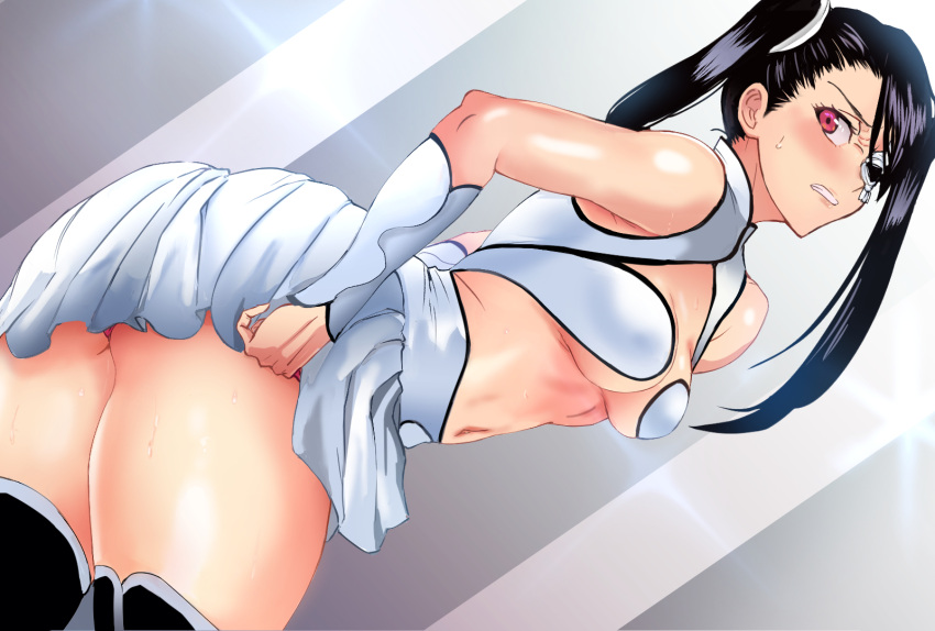 1girl arrancar ass asymmetrical_bangs bangs black_hair bleach blush breasts clothes_lift daraz18aka highres loly_aivirrne looking_at_viewer looking_back medium_breasts navel pleated_skirt red_eyes skirt skirt_lift solo stomach thigh-highs two_side_up white_skirt