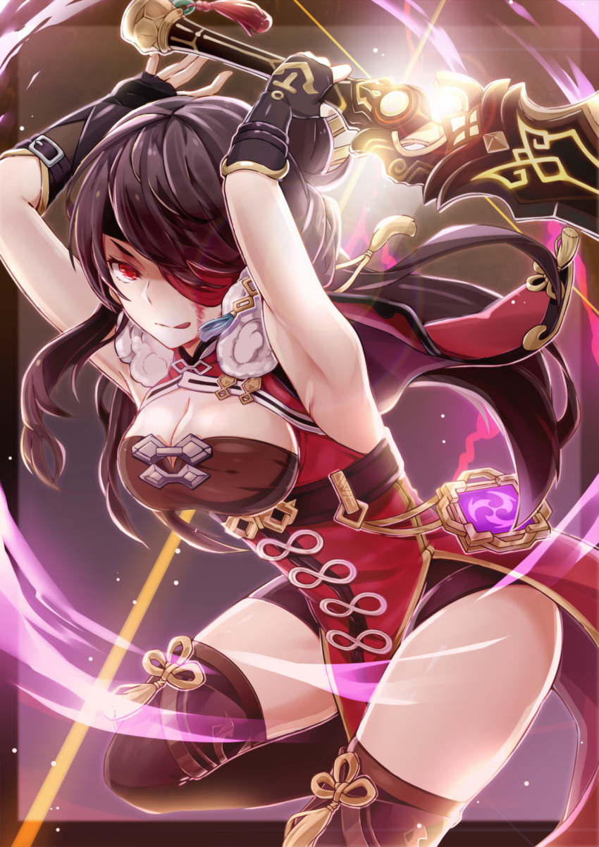 1girl :q arm_guards armpits arms_up bangs beidou_(genshin_impact) belt bent_over black_gloves black_hair black_legwear black_shorts chinese_clothes claymore_(sword) commentary_request eyebrows_visible_through_hair eyepatch fingerless_gloves genshin_impact gloves greatsword hair_ornament hair_over_one_eye hairpin highres holding holding_sword holding_weapon long_hair looking_at_viewer m-1ng red_eyes shorts sidelocks simple_background solo standing standing_on_one_leg sword thigh-highs tongue tongue_out two-handed_sword vision_(genshin_impact) weapon zettai_ryouiki