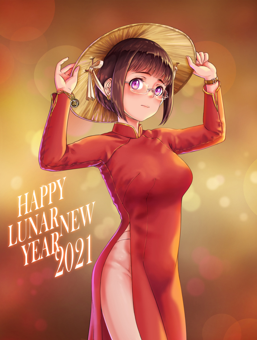 absurdres anh_thuy blush bob_cut bracelet breasts brown_hair china_dress chinese_clothes darun_khanchanusthiti dress eyebrows_visible_through_hair glasses happy_new_year hat highres holding holding_clothes holding_hat jewelry looking_at_viewer nengajou new_year original red_dress shiny shiny_hair short_hair straw_hat vietnam vietnamese_dress vietnamese_text violet_eyes watch watch