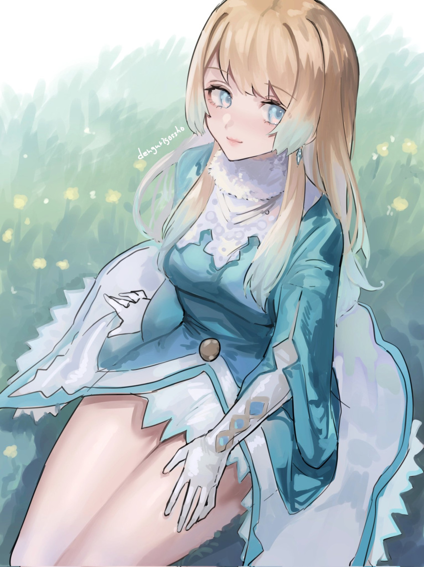 1girl alternate_hair_length alternate_hairstyle bangs blonde_hair blue_dress blue_eyes blue_hair breasts closed_mouth dress earrings elbow_gloves eyebrows_visible_through_hair fire_emblem fire_emblem_heroes fjorm_(fire_emblem) fur-trimmed_collar fur_trim gloves gradient_hair grass highres jewelry lips long_hair long_sleeves looking_at_viewer medium_breasts multicolored_hair pink_lips sakuramotikun signature sitting smile solo symbol-only_commentary thighs two-tone_hair white_gloves wide_sleeves