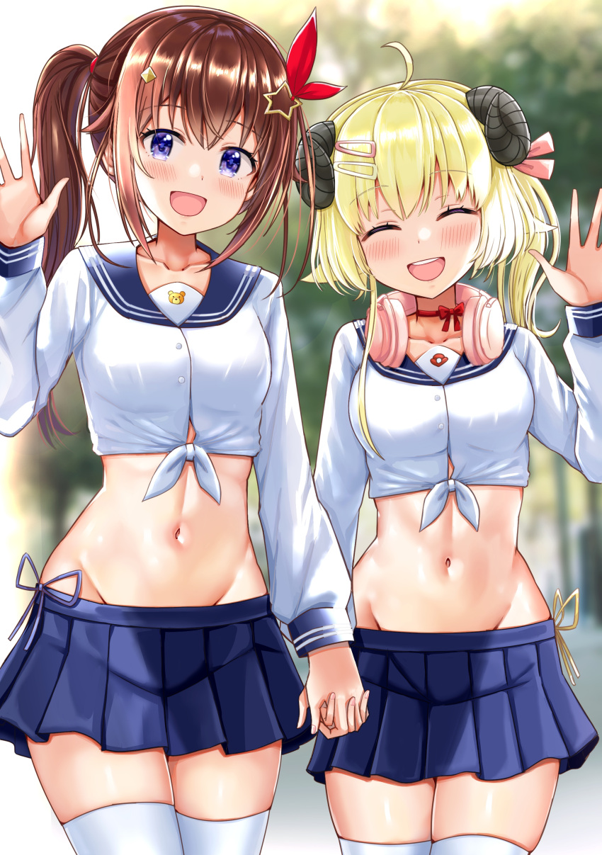 2girls :d absurdres ahoge alternate_costume animal_ears bangs blonde_hair blue_eyes blue_ribbon blue_sailor_collar blue_skirt blurry blurry_background blush breasts brown_hair choker closed_eyes collarbone commentary_request cowboy_shot day diamond_hair_ornament eyebrows_visible_through_hair groin hair_between_eyes hair_flaps hair_ornament hair_ribbon hairclip hand_up headphones headphones_around_neck highres holding_hands hololive horns large_breasts long_hair long_sleeves looking_at_viewer medium_breasts midriff miniskirt multiple_girls navel nootomo open_mouth outdoors pleated_skirt red_choker red_ribbon ribbon ribbon_choker sailor_collar sheep_ears sheep_girl sheep_horns shirt short_ponytail sidelocks skindentation skirt smile standing star_(symbol) star_hair_ornament teeth thigh-highs tied_shirt tokino_sora tsunomaki_watame upper_teeth virtual_youtuber white_legwear white_serafuku yellow_ribbon zettai_ryouiki