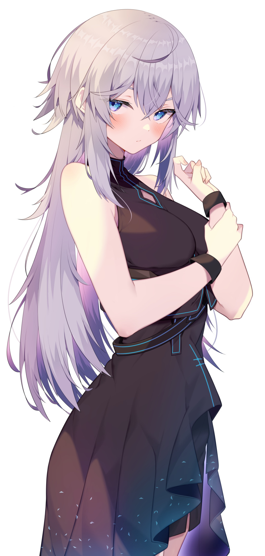 1girl absurdres black_dress blue_eyes breasts cleavage_cutout closed_mouth clothing_cutout dress hair_between_eyes highres jun_(aousa0328) long_hair looking_at_viewer medium_breasts original silver_hair simple_background sleeveless sleeveless_dress solo white_background