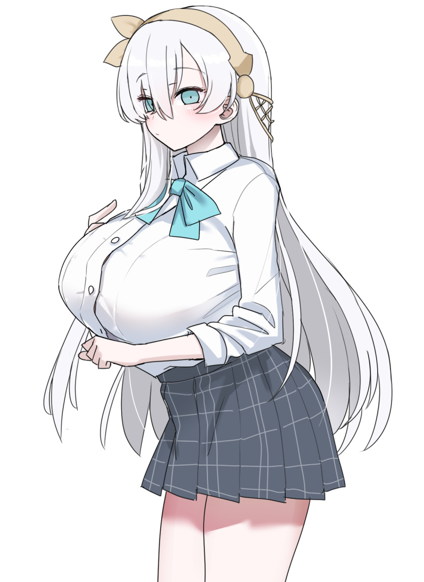 1girl akitokage01 anastasia_(fate) bangs blue_eyes blush breasts fate/grand_order fate_(series) hair_over_one_eye hairband highres huge_breasts long_hair looking_at_viewer school_uniform silver_hair solo very_long_hair