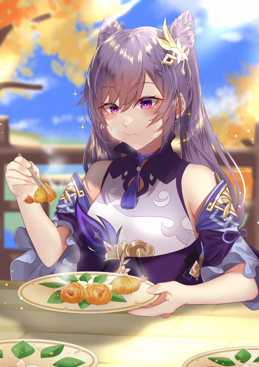1girl chopsticks eating food genshin_impact gloves highres keqing_(genshin_impact) onineko-chan purple_hair shrimp solo violet_eyes
