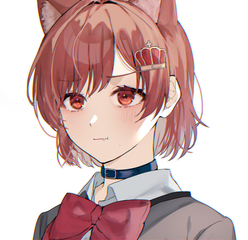 1girl :t aijou_karen animal_ears bangs belt_collar blush bow bowtie brown_eyes brown_hair cat_ears cat_girl chromatic_aberration closed_mouth collar collared_shirt crown_hair_ornament extra_ears eyebrows_visible_through_hair fang fang_out grey_jacket highres jacket kemonomimi_mode looking_away portrait red_bow red_neckwear school_uniform seishou_music_academy_uniform shirt short_hair shoujo_kageki_revue_starlight simple_background solo sorano_(azu_mine) white_background white_shirt