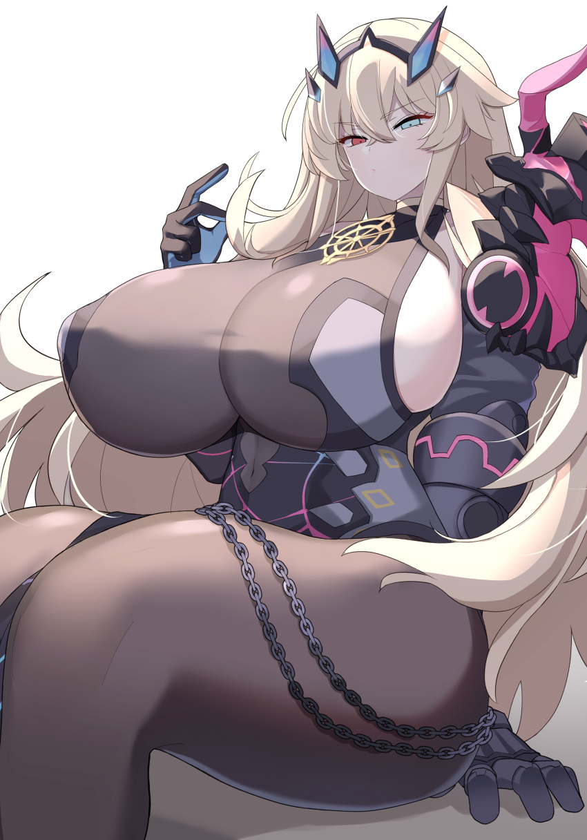 1girl absurdres akitokage01 armor asymmetrical_armor asymmetrical_arms bangs bare_shoulders black_dress blonde_hair blue_eyes breasts brown_legwear chain dress fairy_knight_gawain_(fate) fate/grand_order fate_(series) gauntlets gigantic_breasts heterochromia highres horns large_breasts long_hair looking_at_viewer pantyhose pauldrons red_eyes shoulder_armor sideboob single_gauntlet single_pauldron solo