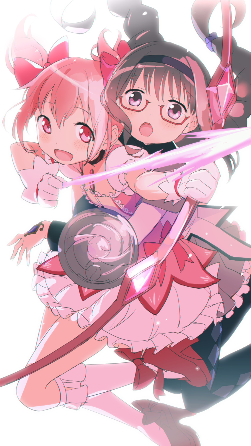 2girls absurdres akemi_homura arrow_(projectile) blush border bow_(weapon) bubble_skirt drawing_bow eyebrows_visible_through_hair glasses gloves highres holding holding_bow_(weapon) holding_weapon kaname_madoka light looking_at_viewer magical_girl mahou_shoujo_madoka_magica multiple_girls nobusawa_osamu pink_eyes pink_hair scared short_twintails skirt smile transparent twintails weapon white_background white_border white_gloves white_legwear