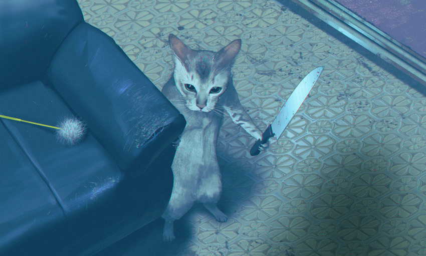 animal_focus armchair cat chair holding holding_knife knife looking_at_viewer no_humans original standing tomono_rui