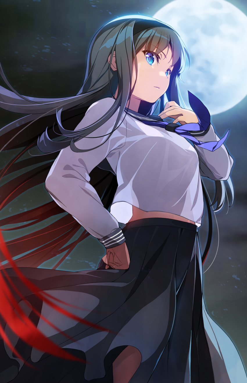 1girl bangs black_hair black_skirt blue_eyes breasts c_kaede_kokonoe full_moon hairband hand_on_hip highres long_hair long_sleeves looking_at_viewer medium_breasts melty_blood moon night night_sky sailor_collar shirt skirt sky solo tohno_akiha tsukihime tsukihime_(remake) white_shirt