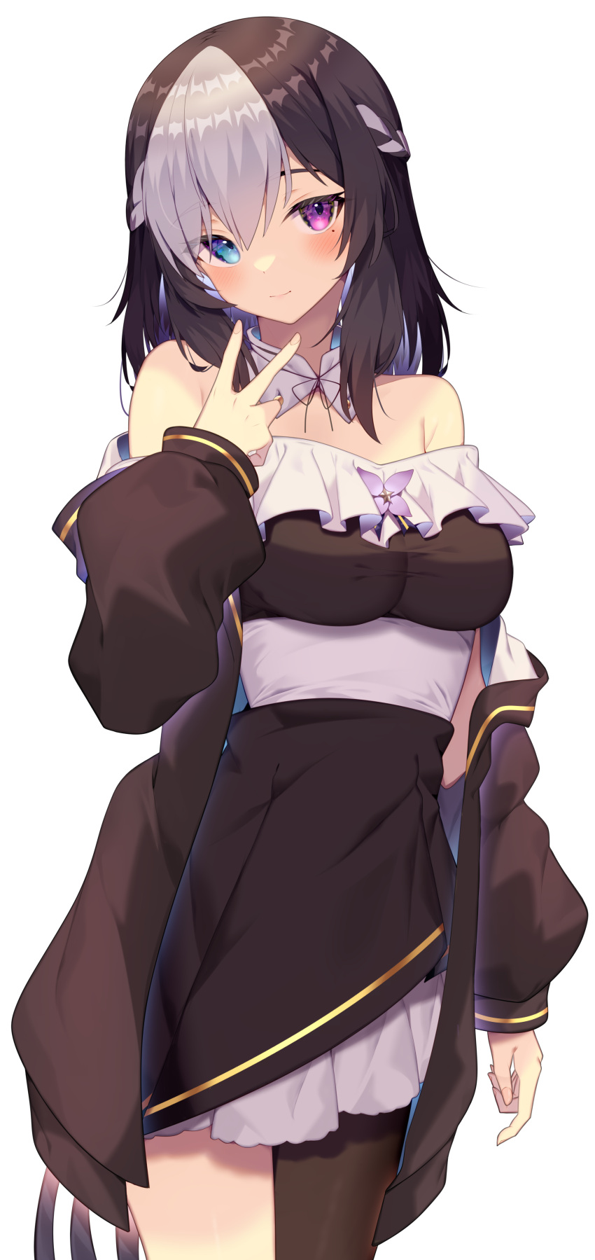 1girl absurdres bare_shoulders black_hair blue_eyes blush breasts dress frills highres jacket jun_(aousa0328) looking_at_viewer multicolored multicolored_eyes multicolored_hair original single_thighhigh solo thigh-highs v violet_eyes white_hair