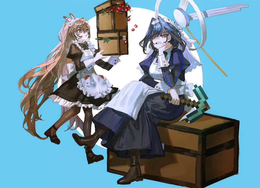 2girls apron bangs berry black_footwear black_hair black_legwear blue_eyes boots box breasts brown_eyes brown_hair crossed_legs fang feathers halo highres hololive hololive_english long_hair maid_apron maid_headdress minecraft multiple_girls nanashi_mumei open_mouth ouro_kronii pickaxe ponytail puffy_sleeves quasarcake sitting small_breasts sweat very_long_hair virtual_youtuber