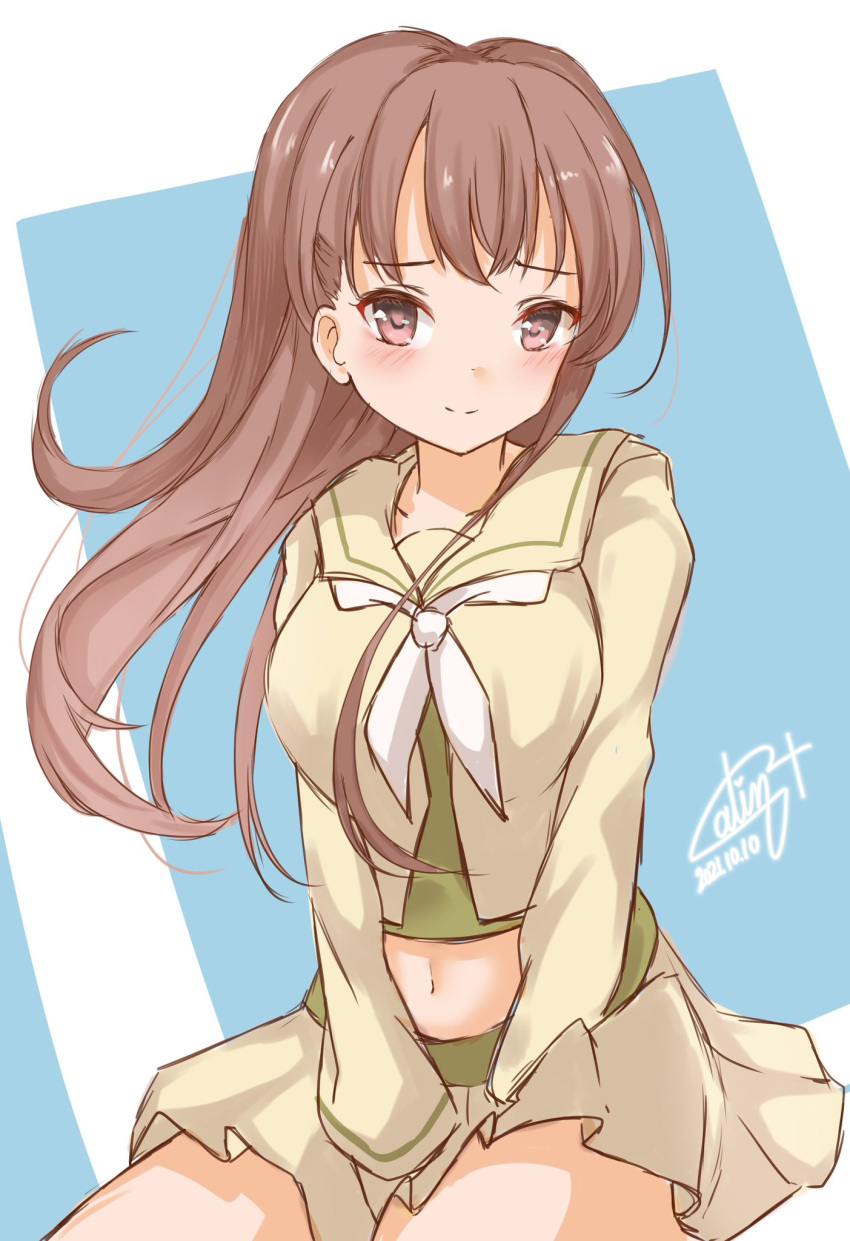 1girl beige_sailor_collar beige_serafuku beige_skirt brown_eyes brown_hair commentary_request cowboy_shot dated highres kantai_collection long_hair looking_at_viewer midriff navel neckerchief one-hour_drawing_challenge ooi_(kancolle) pen_chou pleated_skirt remodel_(kantai_collection) sailor_collar signature sitting skirt smile solo white_neckwear