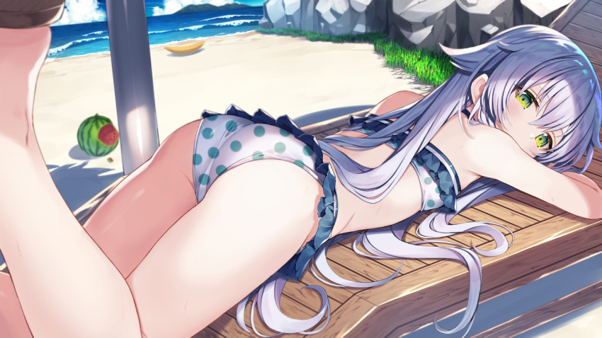 1girl altina_orion ass bare_shoulders beach bikini commentary_request day eiyuu_densetsu eyebrows_visible_through_hair food frilled_bikini frills fruit green_eyes gurasion_(gurasion) long_hair looking_at_viewer lying on_stomach outdoors polka_dot polka_dot_bikini polka_dot_swimsuit sen_no_kiseki silver_hair swimsuit watermelon