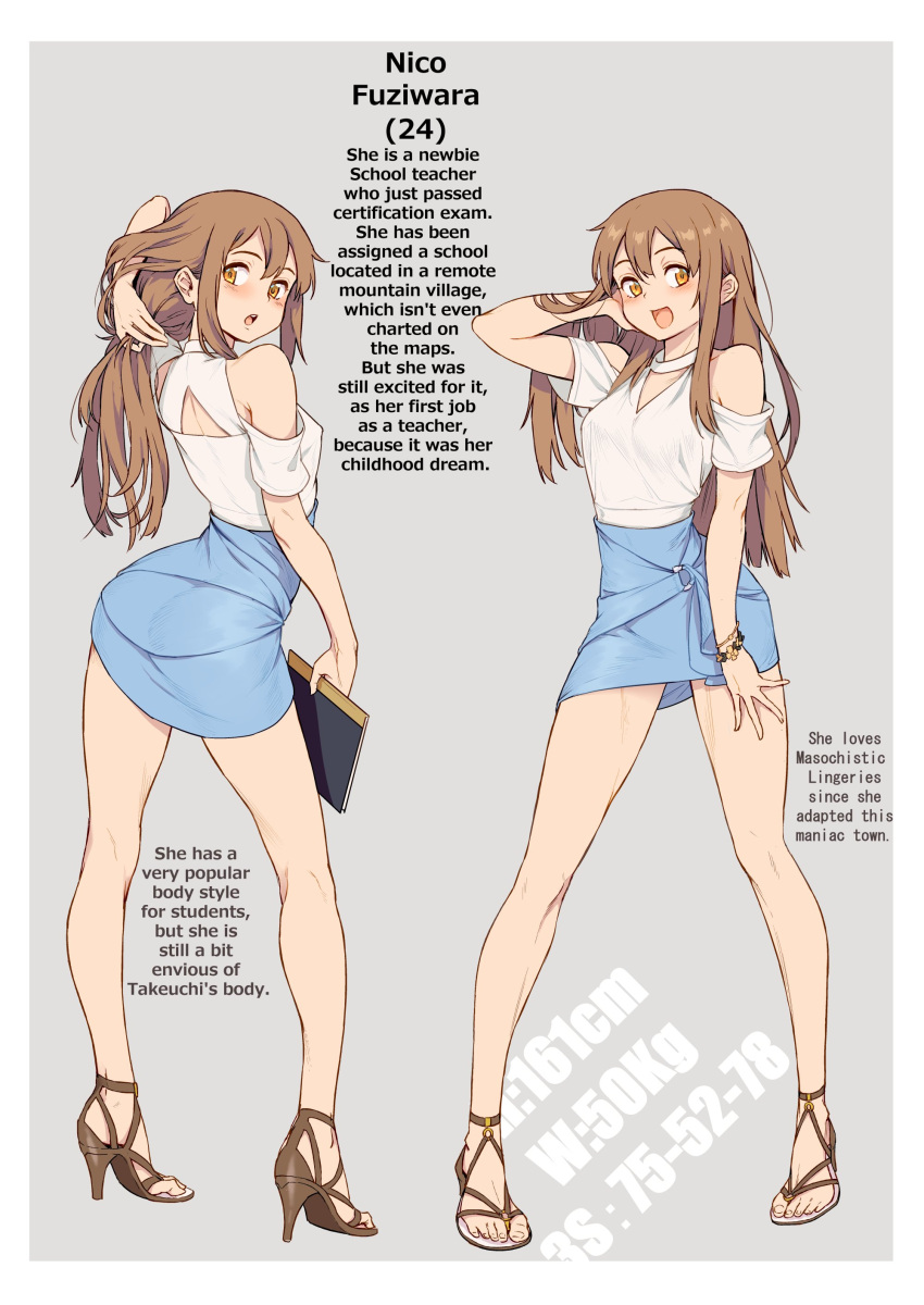 1girl absurdres banned_artist bare_legs bare_shoulders blouse blue_skirt bracelet breasts brown_footwear brown_hair character_name character_profile english_text high_heels highres holding holding_hair jewelry long_hair looking_at_viewer looking_back measurements medium_breasts miniskirt multiple_views open_mouth original pose shoes simple_background skirt standing toes white_blouse xil yellow_eyes