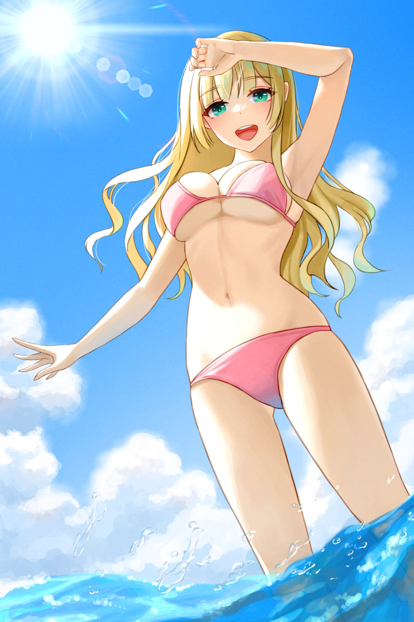 1girl :d absurdres arm_up armpits ass_visible_through_thighs bangs bare_arms bare_legs bare_shoulders bikini blonde_hair blue_sky blush breasts clouds commentary_request day eyebrows_visible_through_hair gonzz_(gon2rix) green_eyes hand_on_forehead highres large_breasts lens_flare long_hair looking_at_viewer medium_breasts navel open_mouth original outdoors pink_bikini round_teeth sky smile standing stomach sun swimsuit teeth under_boob upper_teeth wading water wavy_hair