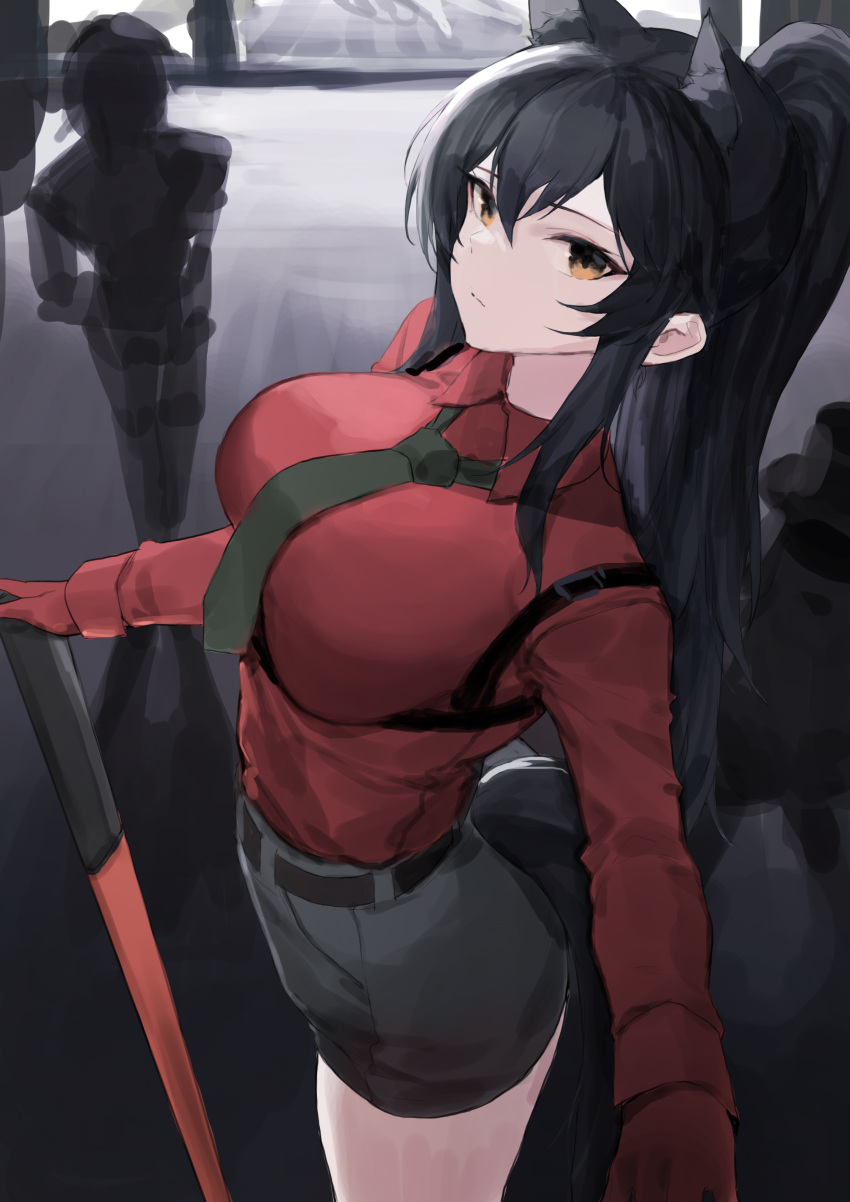 1girl absurdres animal_ears arknights black_hair black_shorts breasts collared_shirt commentary dress_shirt extra_ears gloves green_neckwear hair_between_eyes highres large_breasts long_hair looking_at_viewer molyb necktie official_alternate_costume planted planted_sword ponytail red_gloves red_shirt shirt shorts sidelocks solo_focus sword tail texas_(arknights) texas_(willpower)_(arknights) unfinished very_long_hair weapon wolf_ears wolf_girl wolf_tail yellow_eyes