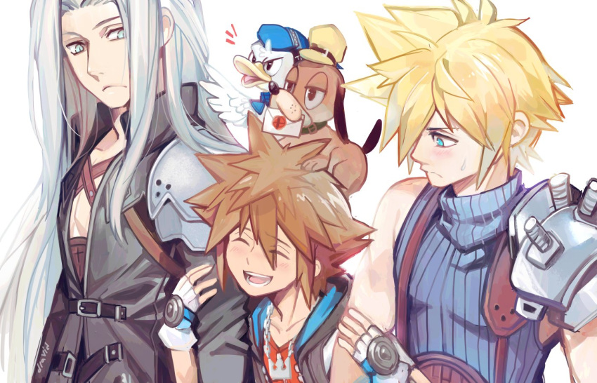 aqua_eyes armor brown_hair closed_eyes cloud_strife dog_(duck_hunt) donald_duck duck_(duck_hunt) duck_hunt final_fantasy final_fantasy_vii fingerless_gloves gloves goofy green_eyes hood hoodie kingdom_hearts long_coat long_hair pauldrons sebychu sephiroth short_hair shoulder_armor silver_hair single_pauldron sleeveless smash_invitation sora_(kingdom_hearts) spiky_hair super_smash_bros. suspenders