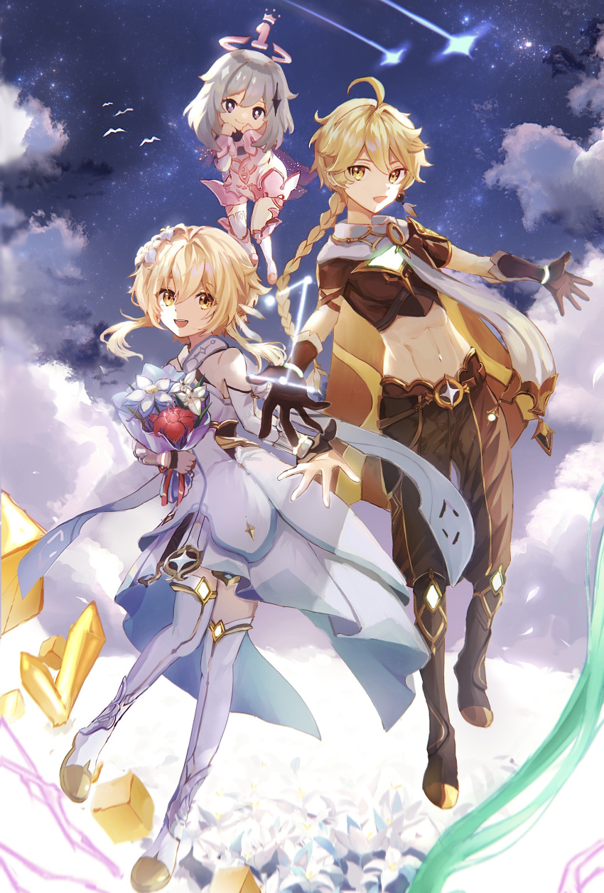 1boy 2girls absurdres aether_(genshin_impact) ahoge bird black_gloves black_pants blonde_hair boots bouquet braid braided_ponytail brother_and_sister clouds cloudy_sky detached_sleeves field floating flower flower_field genshin_impact gloves hair_flower hair_ornament halo highres long_hair long_sleeves lumine_(genshin_impact) midriff multiple_girls navel outstretched_arm outstretched_arms paimon_(genshin_impact) pants scarf shooting_star short_sleeves siblings single_braid sky stomach uni_sirasu white_legwear white_scarf white_sleeves yellow_eyes