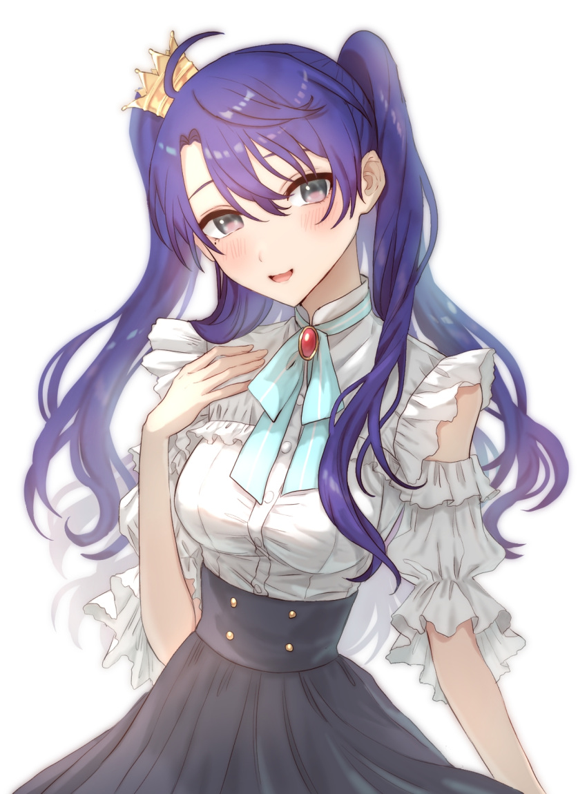 1girl :3 bangs black_skirt blue_eyes blue_hair blue_neckwear blush clothing_cutout crown frilled_shirt frills genderswap genderswap_(mtf) hair_between_eyes harusaki_air high-waist_skirt highres long_sleeves looking_at_viewer mini_crown mole mole_under_eye nijisanji odoro_(odorono_v) open_mouth parted_bangs pleated_skirt quad_tails shirt shoulder_cutout simple_background skirt smile solo tilted_headwear twintails virtual_youtuber white_background white_shirt