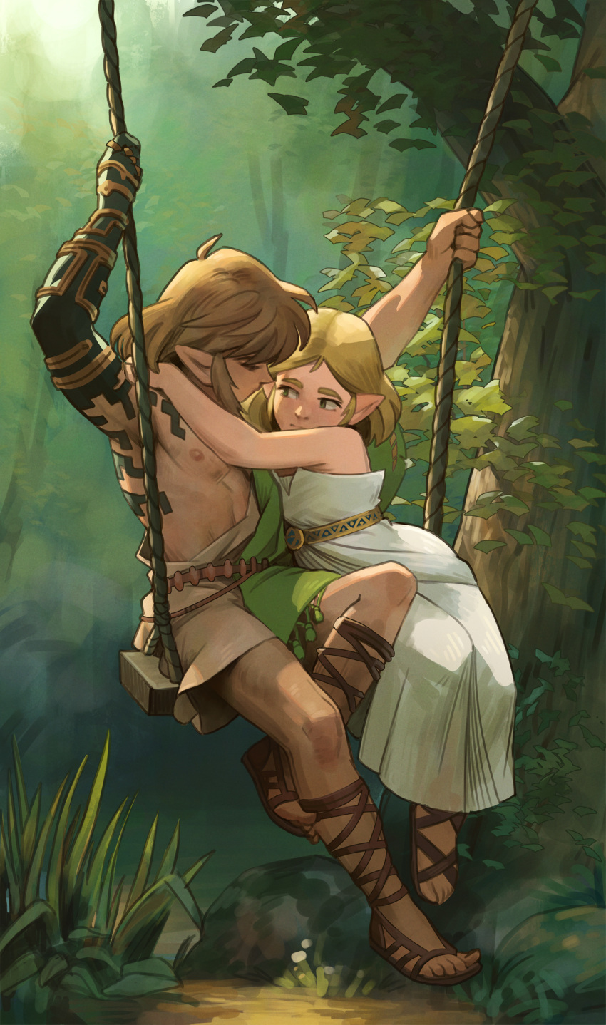 1boy 1girl arm_tattoo arms_up asymmetrical_clothes blonde_hair couple dress fine_art_parody highres link looking_at_another malin_falch parody plant pointy_ears princess_zelda strapless strapless_dress swing_set tattoo the_legend_of_zelda the_legend_of_zelda:_breath_of_the_wild the_legend_of_zelda:_breath_of_the_wild_2 tree