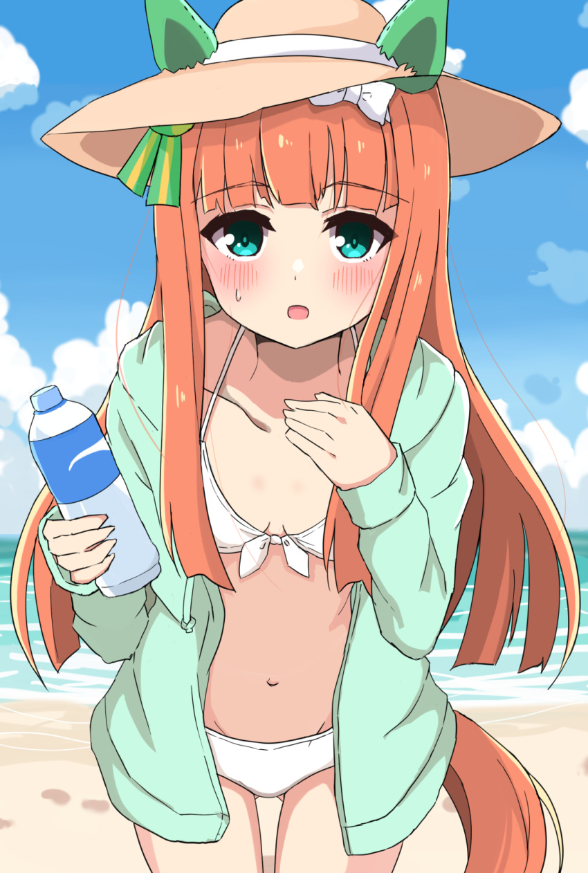 animal_ears beach blush bottle breasts collarbone commentary_request hat highres himawari_(sunflower7373) horse_ears horse_girl horse_tail long_hair looking_at_viewer navel open_mouth orange_hair silence_suzuka_(umamusume) sky small_breasts straw_hat swimsuit tail umamusume water_bottle