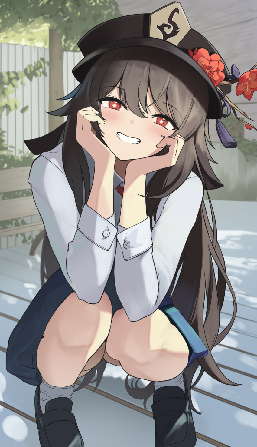 1girl absurdres black_headwear blush brown_hair flower full_body genshin_impact half-closed_eyes hands_on_own_face hat highres hu_tao_(genshin_impact) long_hair looking_at_viewer pla0658 plum_blossoms red_eyes school_uniform skirt smile socks solo squatting star-shaped_pupils star_(symbol) symbol-shaped_pupils top_hat twintails very_long_hair