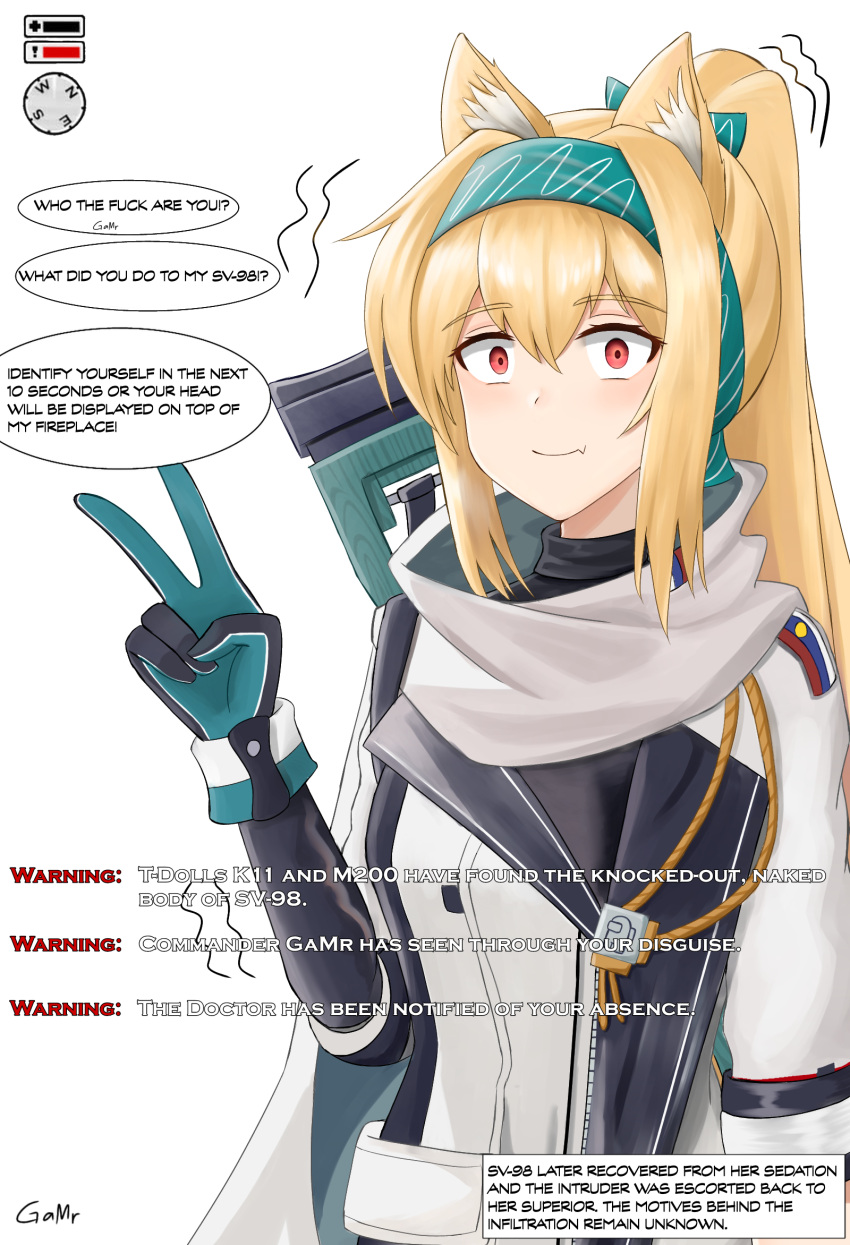 1girl animal_ears arknights artist_name black_bodysuit blonde_hair bodysuit bow cat_ears closed_mouth english_text eyebrows_visible_through_hair gamryous girls_frontline gloves green_bow green_hairband hair_bow hairband highres jacket long_hair looking_at_viewer multicolored multicolored_clothes multicolored_gloves ponytail red_eyes russian_flag scarf solo sora_(arknights) sv-98_(girls'_frontline) turtleneck upper_body v white_background white_jacket white_scarf