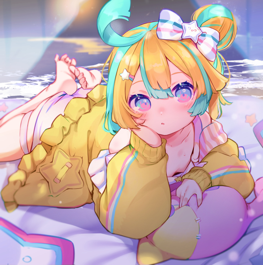 1girl ahoge amakawa_hano aqua_hair bare_shoulders barefoot beach blonde_hair blurry bow breasts closed_mouth coat collarbone depth_of_field downblouse elbow_rest hair_between_eyes hair_bow hair_bun hair_ornament hairclip highres looking_at_viewer lying multicolored_hair night on_stomach rainbow_hair_ornament re:act skindentation small_breasts soles solo star_(symbol) star_hair_ornament stuffed_animal stuffed_toy thigh_strap two-tone_hair utsusumi_kio violet_eyes virtual_youtuber water yellow_coat