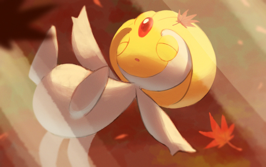 autumn_leaves blurry closed_eyes colored_skin commentary_request grey_skin highres light_rays no_humans one-hour_drawing_challenge outstretched_arms pokemon pokemon_(creature) rend solo uxie